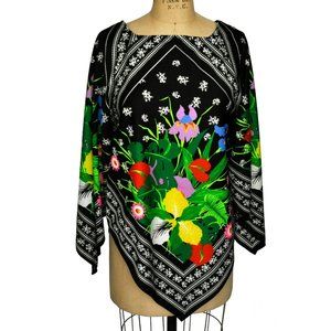 Vintage 70s Black White Floral Angel Sleeves Scarf